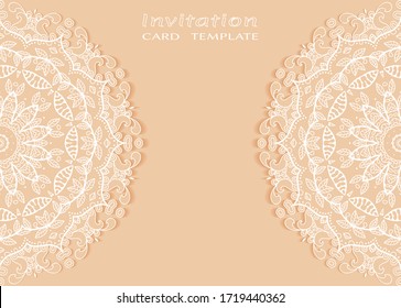 Invitation or Card template with lacе frame border, doodle line pattern, mandala element. Decorative openwork filigree art background for Wedding, Valentine's day greeting card, Birthday Invitation