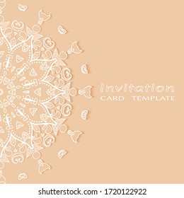 Invitation or Card template with lacе frame border, doodle line pattern, mandala element. Decorative openwork filigree art background for Wedding, Valentine's day greeting card, Birthday Invitation