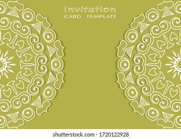 Invitation or Card template with lacе frame border, doodle line pattern, mandala element. Decorative openwork filigree art background for Wedding, Valentine's day greeting card, Birthday Invitation