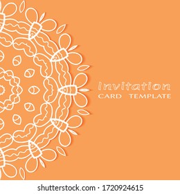 Invitation or Card template with lacе frame border, doodle line pattern, mandala element. Decorative openwork filigree art background for Wedding, Valentine's day greeting card, Birthday Invitation
