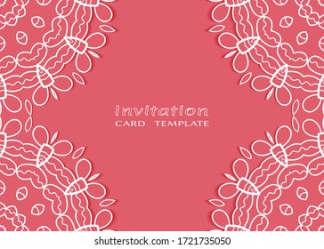 Invitation or Card template with lacе frame border, doodle line pattern, mandala element. Decorative openwork filigree art background for Wedding, Valentine's day greeting card, Birthday Invitation
