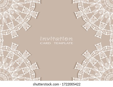 Invitation or Card template with lacе frame border, doodle line pattern, mandala element. Decorative openwork filigree art background for Wedding, Valentine's day greeting card, Birthday Invitation