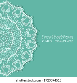 Invitation or Card template with lacе frame border, doodle line pattern, mandala element. Decorative openwork filigree art background for Wedding, Valentine's day greeting card, Birthday Invitation