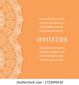 Invitation or Card template with lacе frame border, doodle line pattern, mandala element. Decorative openwork filigree art background for Wedding, Valentine's day greeting card, Birthday Invitation