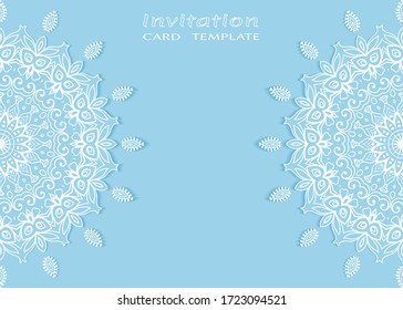 Plantilla de invitación o tarjeta con borde de marco lacado, patrón de línea de doodle, elemento mandala. Antecedentes decorativos de arte de fibra para bodas, tarjeta de felicitación de San Valentín, Invitación de cumpleaños
