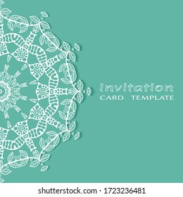 Invitation or Card template with lacе frame border, doodle line pattern, mandala element. Decorative openwork filigree art background for Wedding, Valentine's day greeting card, Birthday Invitation