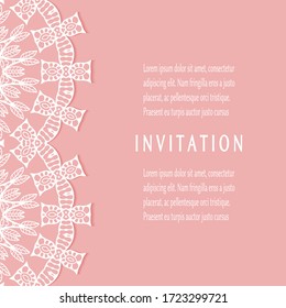 Invitation or Card template with lacе frame border, doodle line pattern, mandala element. Decorative openwork filigree art background for Wedding, Valentine's day greeting card, Birthday Invitation