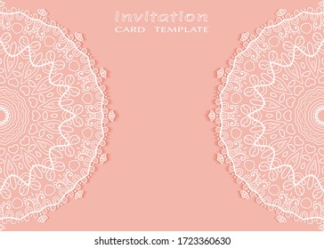 Plantilla de invitación o tarjeta con borde de marco lacado, patrón de línea de doodle, elemento mandala. Antecedentes decorativos de arte de fibra para bodas, tarjeta de felicitación de San Valentín, Invitación de cumpleaños