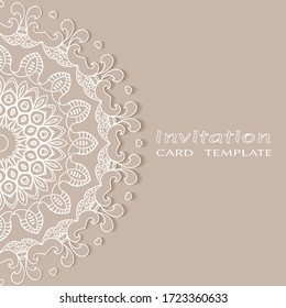 Invitation or Card template with lacе frame border, doodle line pattern, mandala element. Decorative openwork filigree art background for Wedding, Valentine's day greeting card, Birthday Invitation