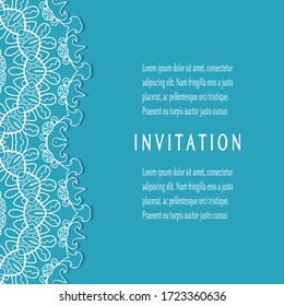 Plantilla de invitación o tarjeta con borde de marco lacado, patrón de línea de doodle, elemento mandala. Antecedentes decorativos de arte de fibra para bodas, tarjeta de felicitación de San Valentín, Invitación de cumpleaños