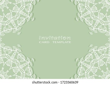 Invitation or Card template with lacе frame border, doodle line pattern, mandala element. Decorative openwork filigree art background for Wedding, Valentine's day greeting card, Birthday Invitation