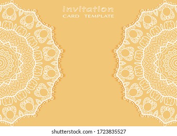 Invitation or Card template with lacе frame border, doodle line pattern, mandala element. Decorative openwork filigree art background for Wedding, Valentine's day greeting card, Birthday Invitation