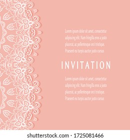 Invitation or Card template with lacе frame border, doodle line pattern, mandala element. Decorative openwork filigree art background for Wedding, Valentine's day greeting card, Birthday Invitation
