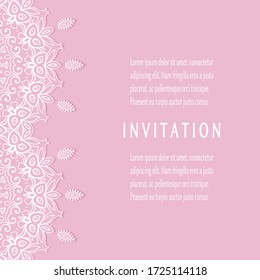 Invitation or Card template with lacе frame border, doodle line pattern, mandala element. Decorative openwork filigree art background for Wedding, Valentine's day greeting card, Birthday Invitation