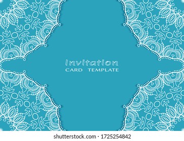 Invitation or Card template with lacе frame border, doodle line pattern, mandala element. Decorative openwork filigree art background for Wedding, Valentine's day greeting card, Birthday Invitation
