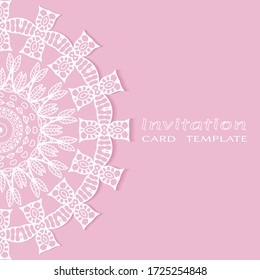 Invitation or Card template with lacе frame border, doodle line pattern, mandala element. Decorative openwork filigree art background for Wedding, Valentine's day greeting card, Birthday Invitation