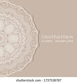 Invitation or Card template with lacе frame border, doodle line pattern, mandala element. Decorative openwork filigree art background for Wedding, Valentine's day greeting card, Birthday Invitation