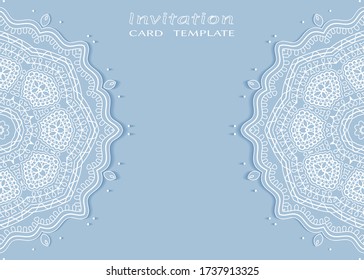 Plantilla de invitación o tarjeta con borde de marco е lacado, patrón de línea de doodle, elemento mandala. Fondo decorativo de arte de fibra de trabajo abierto para boda, tarjeta de saludo de San Valentín, invitación de cumpleaños