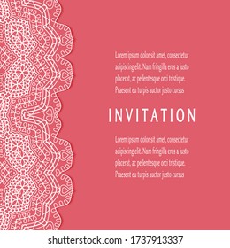 Invitation or Card template with lacе frame border, doodle line pattern, mandala element. Decorative openwork filigree art background for Wedding, Valentine's day greeting card, Birthday Invitation