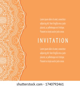 Invitation or Card template with lacе frame border, doodle line pattern, mandala element. Decorative openwork filigree art background for Wedding, Valentine's day greeting card, Birthday Invitation