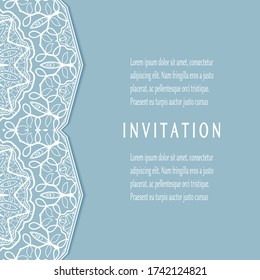 Invitation or Card template with lacе frame border, doodle line pattern, mandala element. Decorative openwork filigree art background for Wedding, Valentine's day greeting card, Birthday Invitation