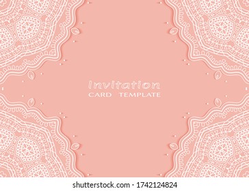 Plantilla de invitación o tarjeta con borde de marco е lacado, patrón de línea de doodle, elemento mandala. Fondo decorativo de arte de fibra de trabajo abierto para boda, tarjeta de saludo de San Valentín, invitación de cumpleaños