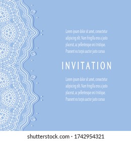 Invitation or Card template with lacе frame border, doodle line pattern, mandala element. Decorative openwork filigree art background for Wedding, Valentine's day greeting card, Birthday Invitation