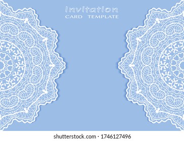 Invitation or Card template with lacе frame border, doodle line pattern, mandala element. Decorative openwork filigree art background for Wedding, Valentine's day greeting card, Birthday Invitation