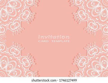 Invitation or Card template with lacе frame border, doodle line pattern, mandala element. Decorative openwork filigree art background for Wedding, Valentine's day greeting card, Birthday Invitation