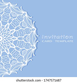Invitation or Card template with lacе frame border, doodle line pattern, mandala element. Decorative openwork filigree art background for Wedding, Valentine's day greeting card, Birthday Invitation