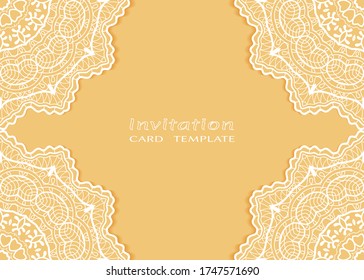 Invitation or Card template with lacе frame border, doodle line pattern, mandala element. Decorative openwork filigree art background for Wedding, Valentine's day greeting card, Birthday Invitation