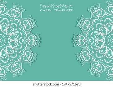 Invitation or Card template with lacе frame border, doodle line pattern, mandala element. Decorative openwork filigree art background for Wedding, Valentine's day greeting card, Birthday Invitation