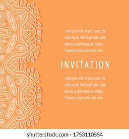 Plantilla de invitación o tarjeta con borde de marco е lacado, patrón de línea de doodle, elemento mandala. Fondo decorativo de arte de fibra de trabajo abierto para boda, tarjeta de saludo de San Valentín, invitación de cumpleaños