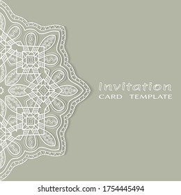 Invitation or Card template with lacе frame border, doodle line pattern, mandala element. Decorative openwork filigree art background for Wedding, Valentine's day greeting card, Birthday Invitation