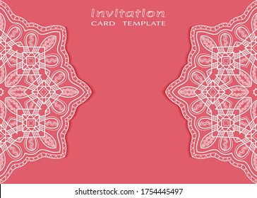 Invitation or Card template with lacе frame border, doodle line pattern, mandala element. Decorative openwork filigree art background for Wedding, Valentine's day greeting card, Birthday Invitation