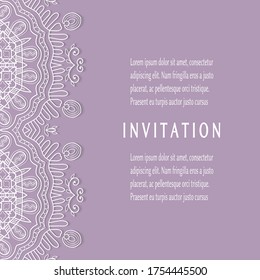 Invitation or Card template with lacе frame border, doodle line pattern, mandala element. Decorative openwork filigree art background for Wedding, Valentine's day greeting card, Birthday Invitation