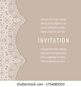Invitation or Card template with lacе frame border, doodle line pattern, mandala element. Decorative openwork filigree art background for Wedding, Valentine's day greeting card, Birthday Invitation