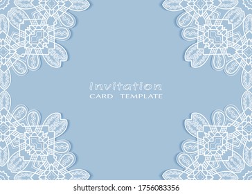 Invitation or Card template with lacе frame border, doodle line pattern, mandala element. Decorative openwork filigree art background for Wedding, Valentine's day greeting card, Birthday Invitation