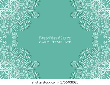 Invitation or Card template with lacе frame border, doodle line pattern, mandala element. Decorative openwork filigree art background for Wedding, Valentine's day greeting card, Birthday Invitation