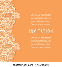 Invitation or Card template with lacе frame border, doodle line pattern, mandala element. Decorative openwork filigree art background for Wedding, Valentine's day greeting card, Birthday Invitation