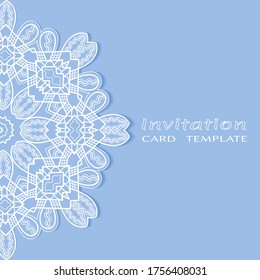 Invitation or Card template with lacе frame border, doodle line pattern, mandala element. Decorative openwork filigree art background for Wedding, Valentine's day greeting card, Birthday Invitation
