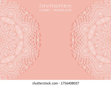 Invitation or Card template with lacе frame border, doodle line pattern, mandala element. Decorative openwork filigree art background for Wedding, Valentine's day greeting card, Birthday Invitation