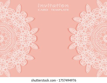 Invitation or Card template with lacе frame border, doodle line pattern, mandala element. Decorative openwork filigree art background for Wedding, Valentine's day greeting card, Birthday Invitation