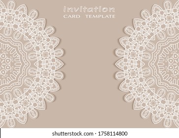 Invitation or Card template with lacе frame border, doodle line pattern, mandala element. Decorative openwork filigree art background for Wedding, Valentine's day greeting card, Birthday Invitation