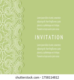Invitation or Card template with lacе frame border, doodle line pattern, mandala element. Decorative openwork filigree art background for Wedding, Valentine's day greeting card, Birthday Invitation