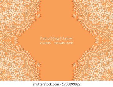 Invitation or Card template with lacе frame border, doodle line pattern, mandala element. Decorative openwork filigree art background for Wedding, Valentine's day greeting card, Birthday Invitation