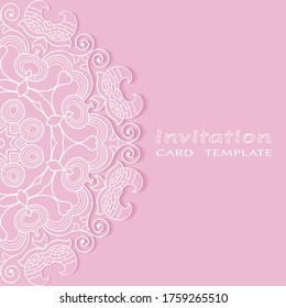 Invitation or Card template with lacе frame border, doodle line pattern, mandala element. Decorative openwork filigree art background for Wedding, Valentine's day greeting card, Birthday Invitation