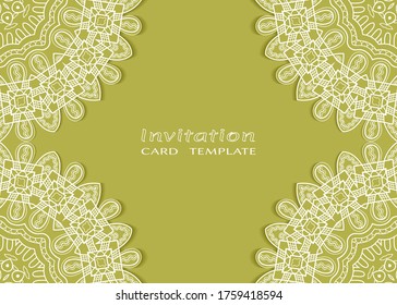 Plantilla de invitación o tarjeta con borde de marco е lacado, patrón de línea de doodle, elemento mandala. Fondo decorativo de arte de fibra de trabajo abierto para boda, tarjeta de saludo de San Valentín, invitación de cumpleaños