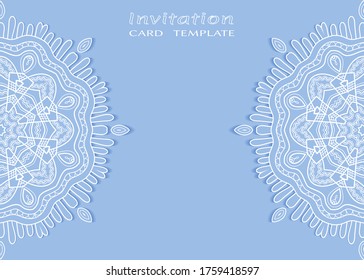 Invitation or Card template with lacе frame border, doodle line pattern, mandala element. Decorative openwork filigree art background for Wedding, Valentine's day greeting card, Birthday Invitation