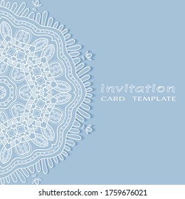 Invitation or Card template with lacе frame border, doodle line pattern, mandala element. Decorative openwork filigree art background for Wedding, Valentine's day greeting card, Birthday Invitation